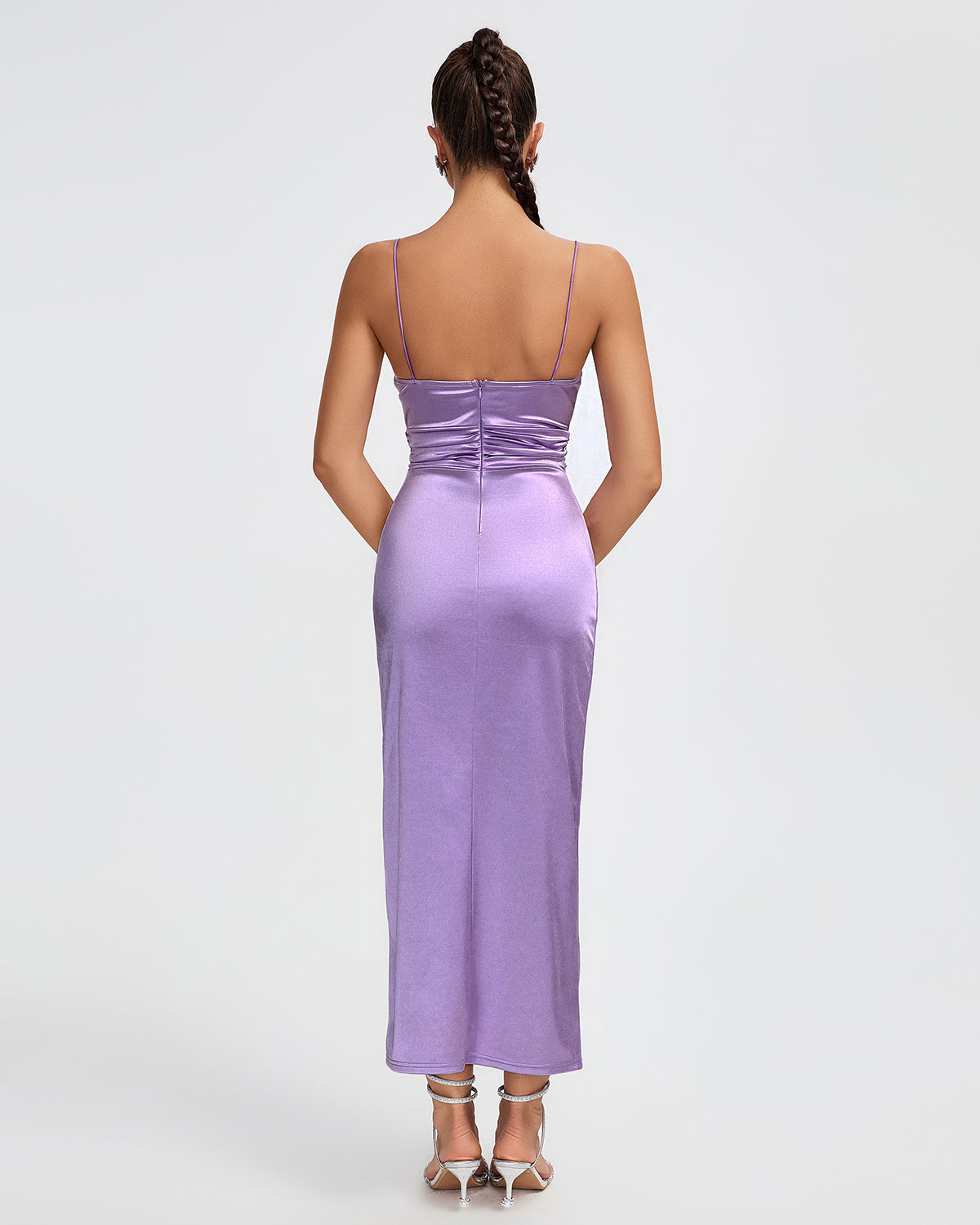 Lake Marceau — Elegant long satin dress with straps and pleats, alternate view 4