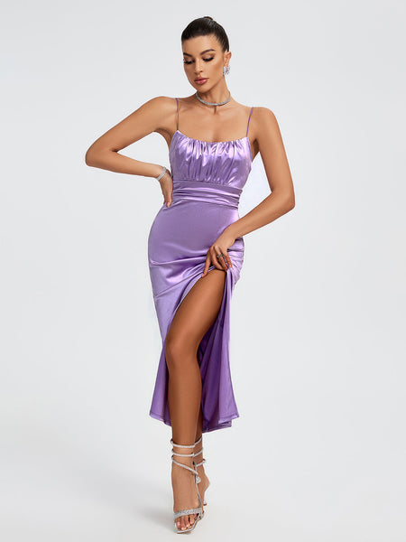 Elegant long satin dress with straps and pleats