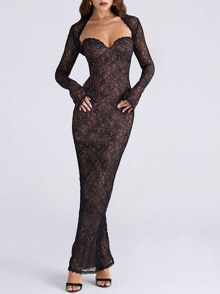 Set aus Schal-Top und trägerlosem Spitzen-Bodycon-Kleid