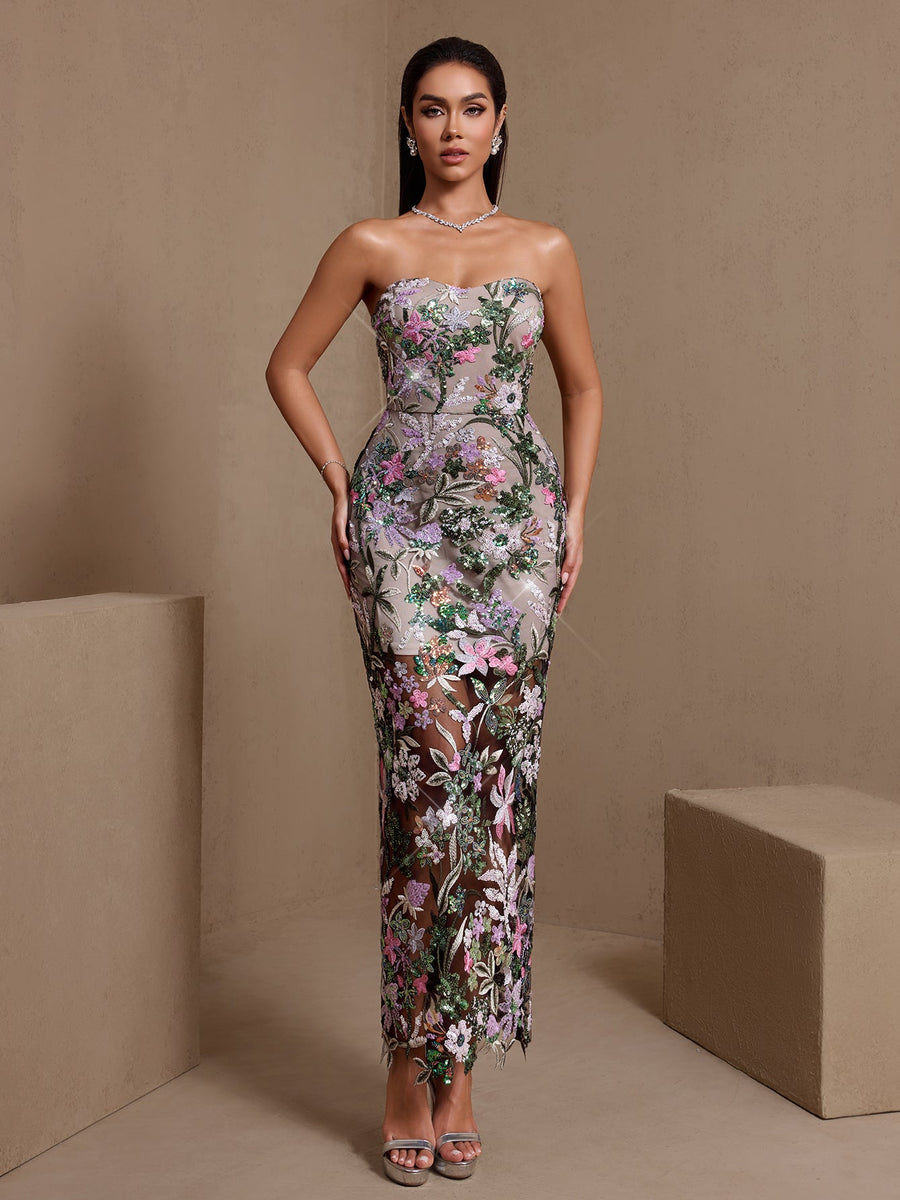 Strapless Dahlia Floral Sequin Dress