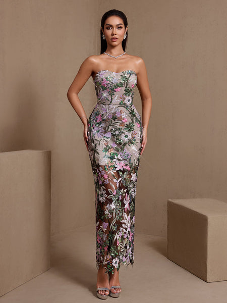 Strapless Dahlia Floral Sequin Dress