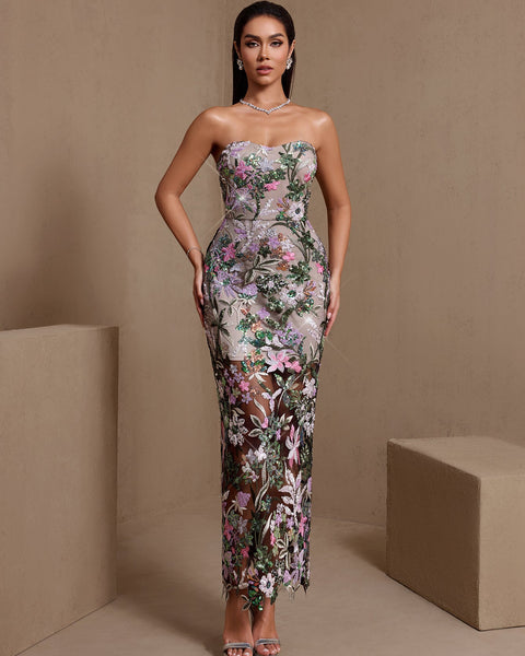 Strapless Dahlia Floral Sequin Dress