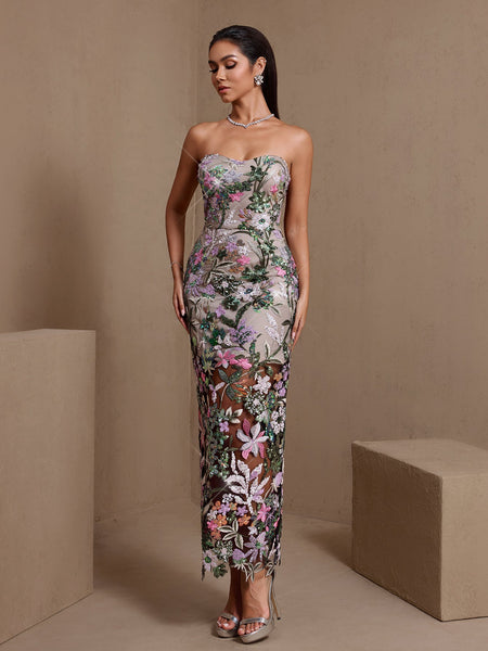 Strapless Dahlia Floral Sequin Dress