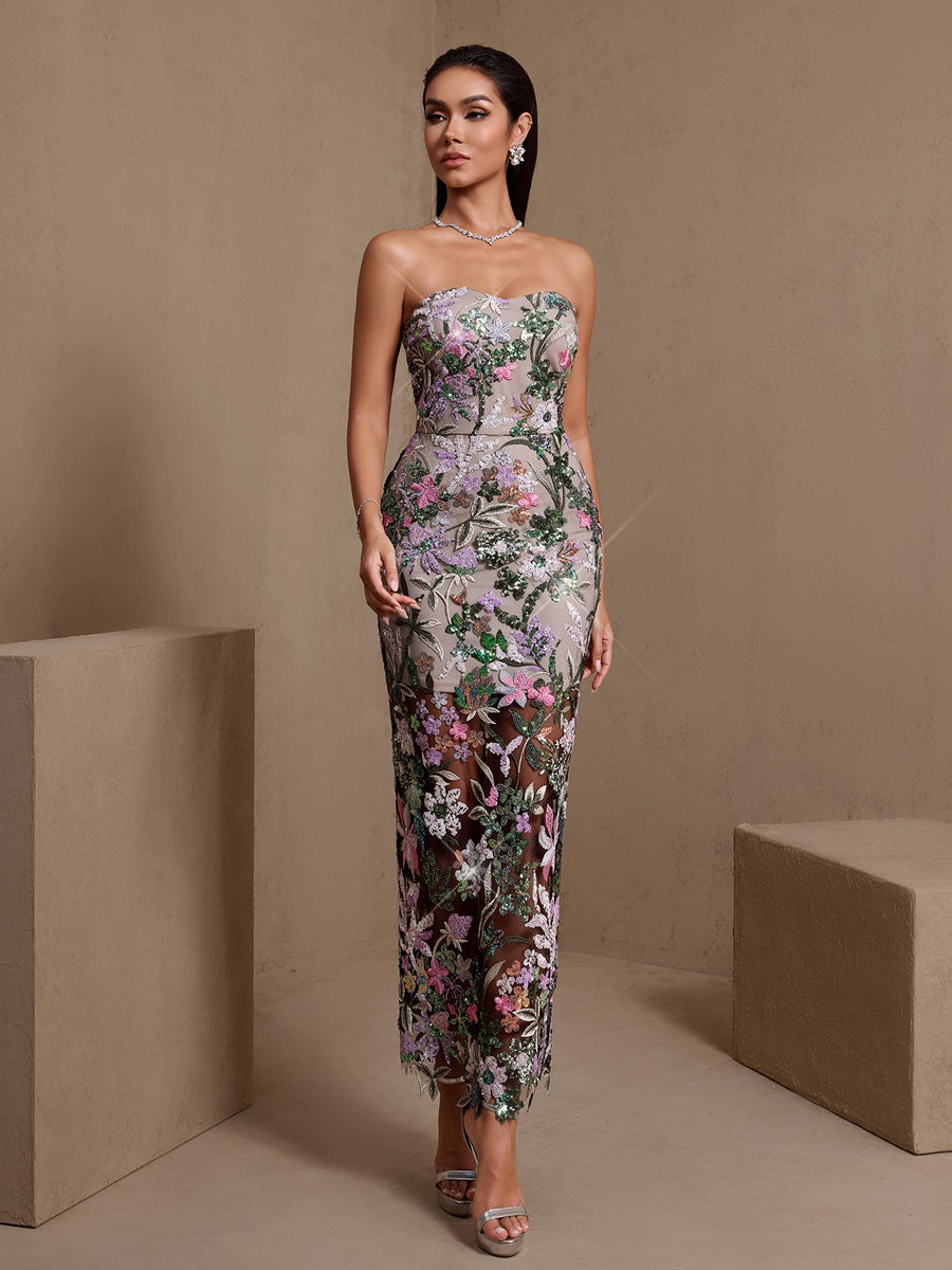 Strapless Dahlia Floral Sequin Dress
