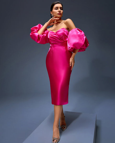 Elegant off-shoulder satin dress with puffy sleeves and ruffle