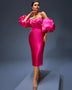 Elegant off-shoulder satin dress with puffy sleeves and ruffle
