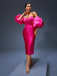 Oriana Montclair — Elegant off-shoulder satin dress with puffy sleeves and ruffle