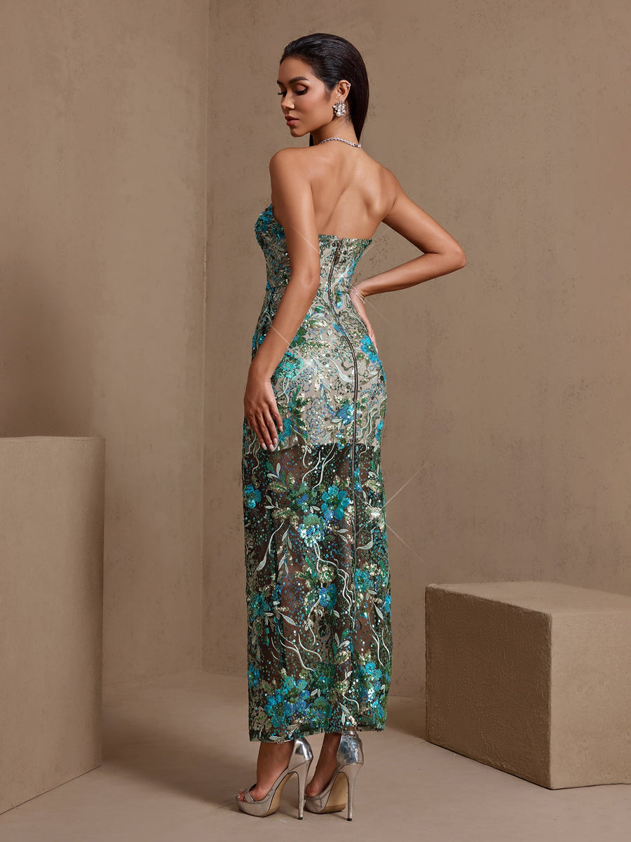 Dahlia Teal Sequin Floral Strapless Maxi Dress