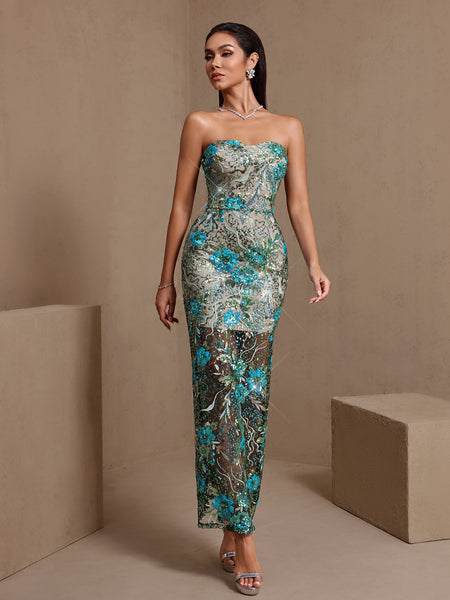Dahlia Teal Sequin Floral Strapless Maxi Dress