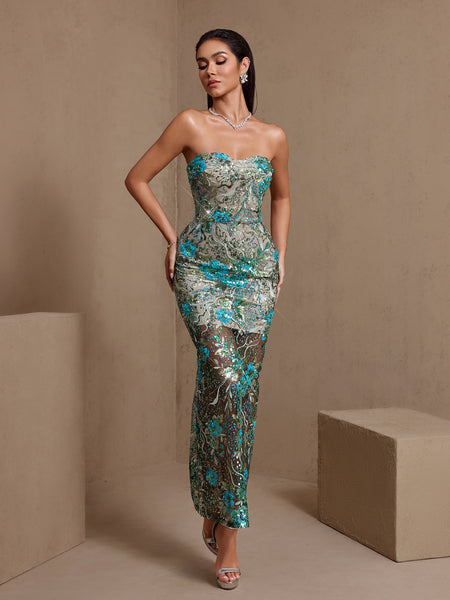 Dahlia Teal Sequin Floral Strapless Maxi Dress