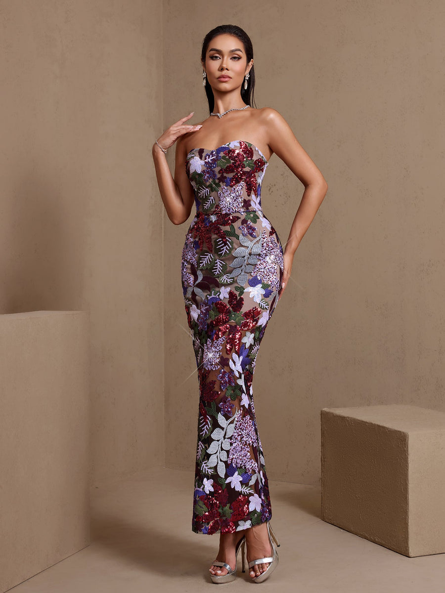 Dahlia Paillettenbesticktes trägerloses Maxikleid