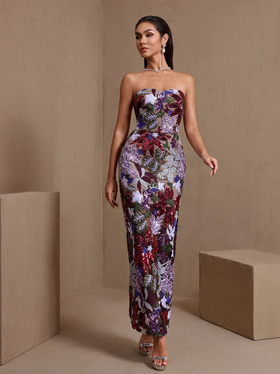 Dahlia Paillettenbesticktes trägerloses Maxikleid