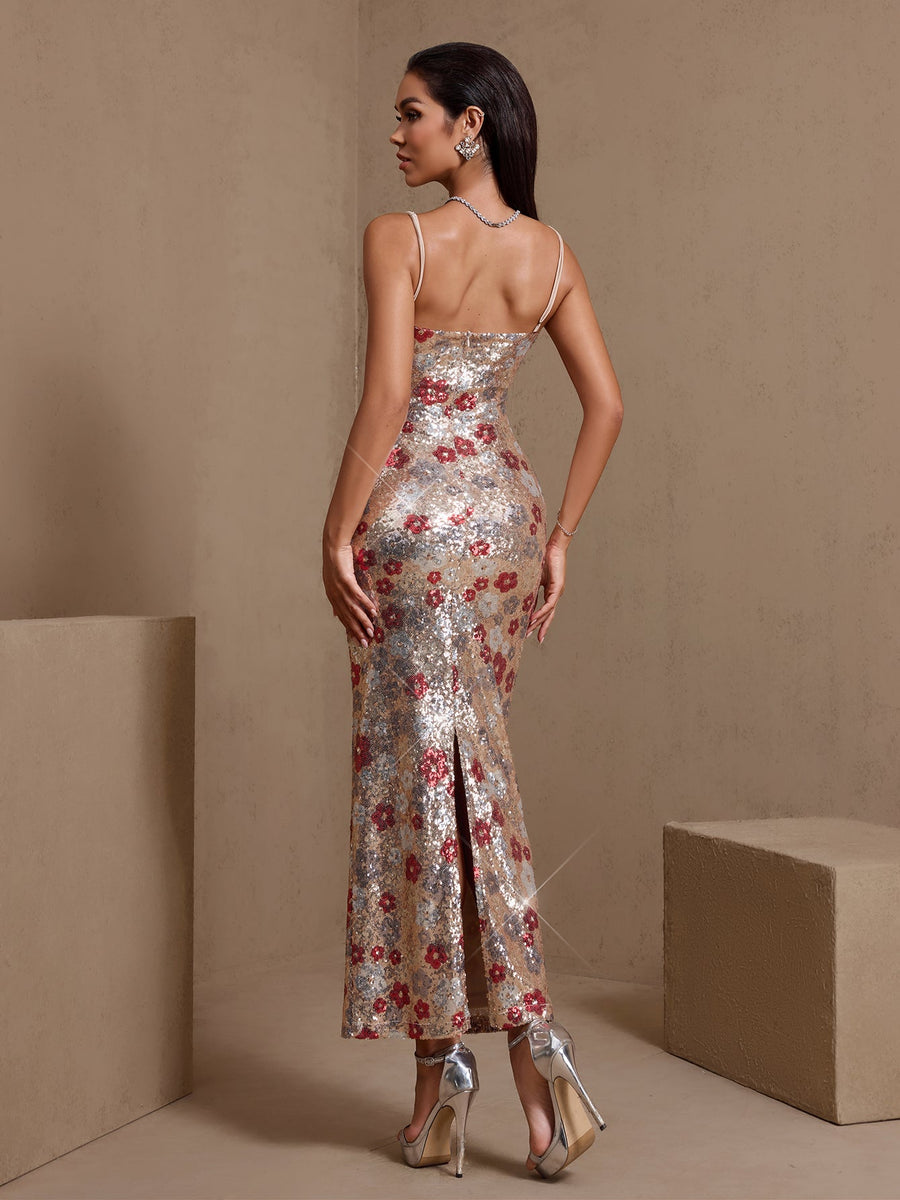 Red Floral Embellished Sequin Dress