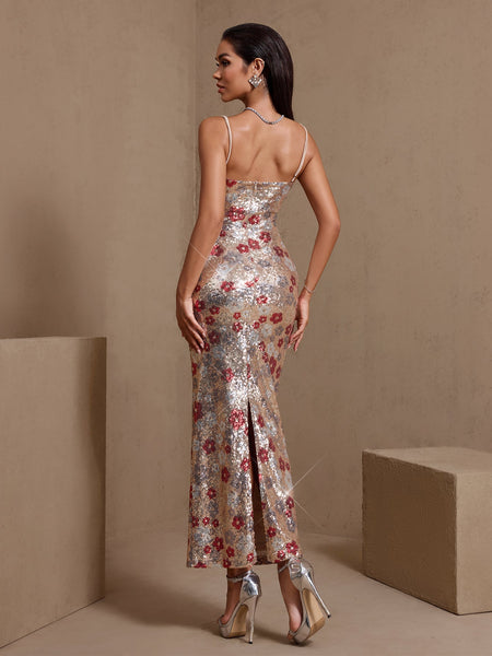 Red Floral Embellished Sequin Dress