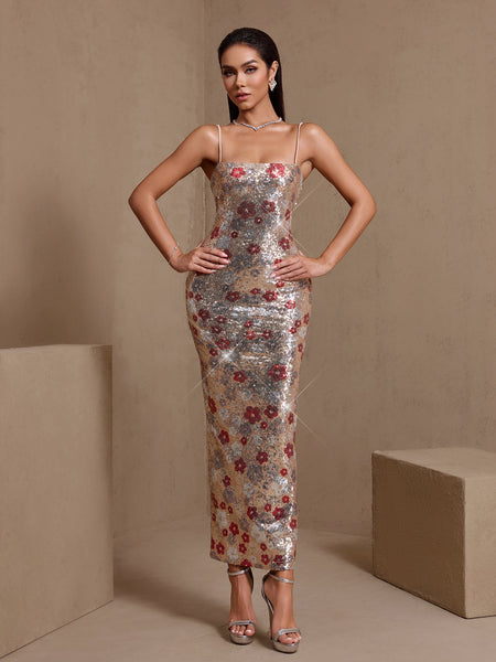 Red Floral Embellished Sequin Dress