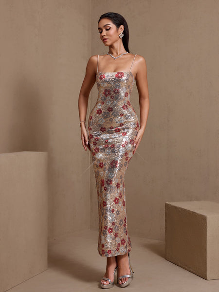 Red Floral Embellished Sequin Dress
