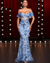 Off Shoulder Flower Embellished Sequins Dress