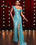 One Shoulder Crystal Draped Evening Dress