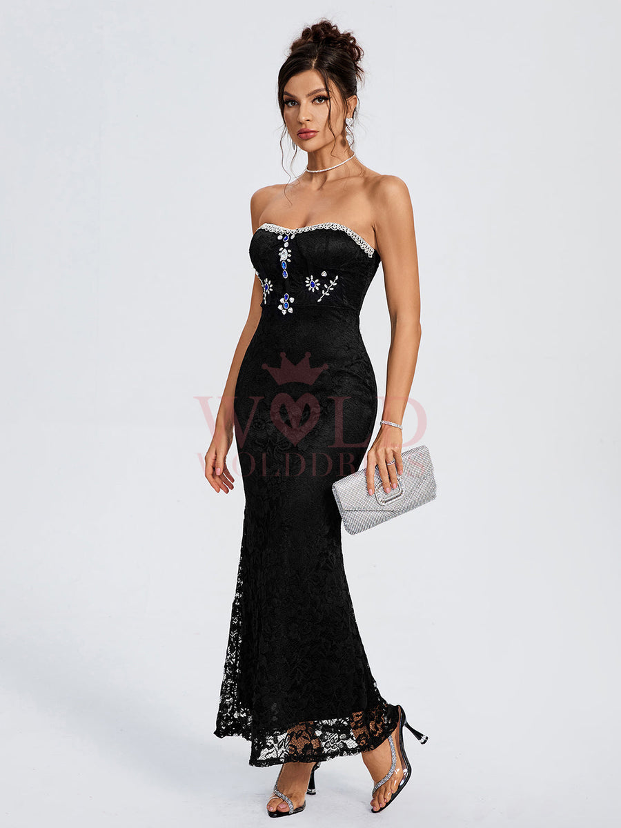 Strapless Crystal-Embellished Lace Maxi Dress