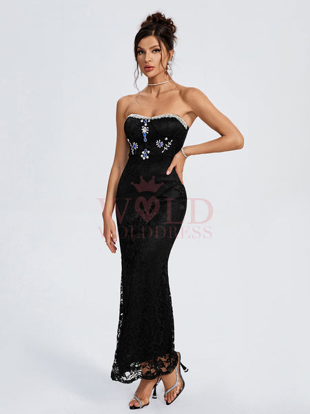 Strapless Crystal-Embellished Lace Maxi Dress