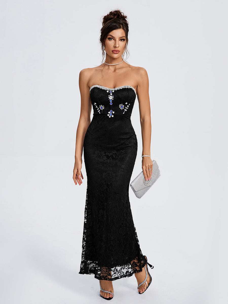 Strapless Crystal-Embellished Lace Maxi Dress