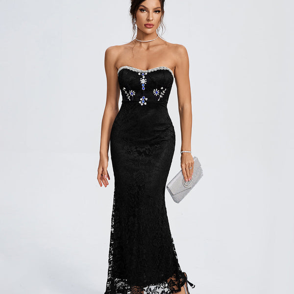 Strapless Crystal-Embellished Lace Maxi Dress