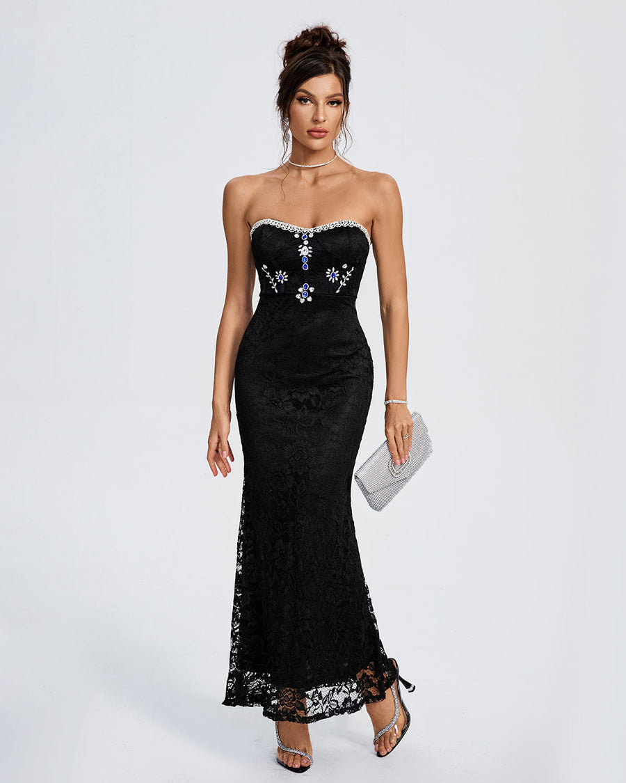 Perrin Lefèvre — Strapless Crystal-Embellished Lace Maxi Dress
