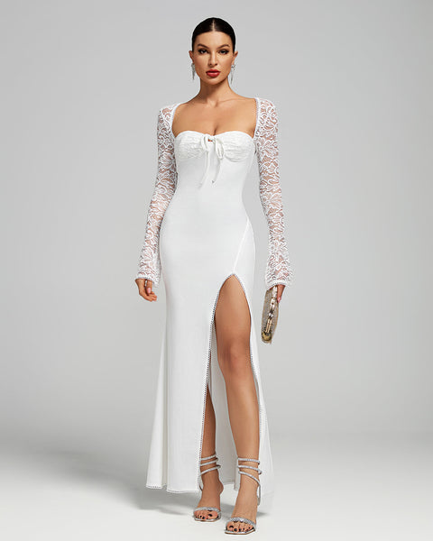 White Lace-Sleeve High Slit Maxi Dress