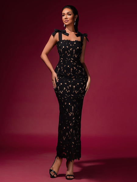 Sexy Lace Dress with Straps and Bow-Shape Cut Detail