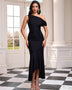 Slanted Shoulder Lace Ruched Maxi Dress