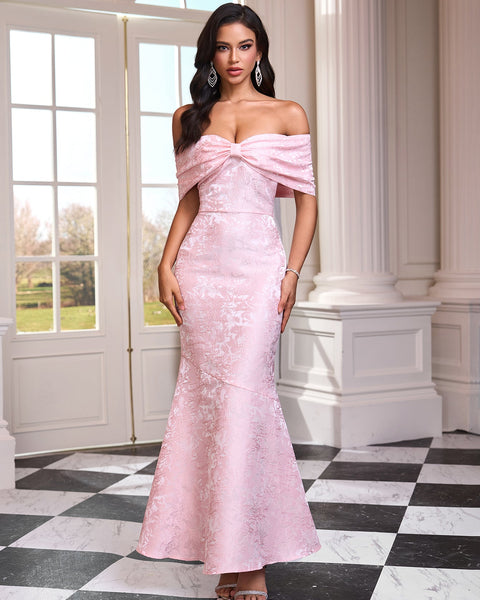 Long Jacquard Off-Shoulder Dress for an Elegant and Sophisticated Look