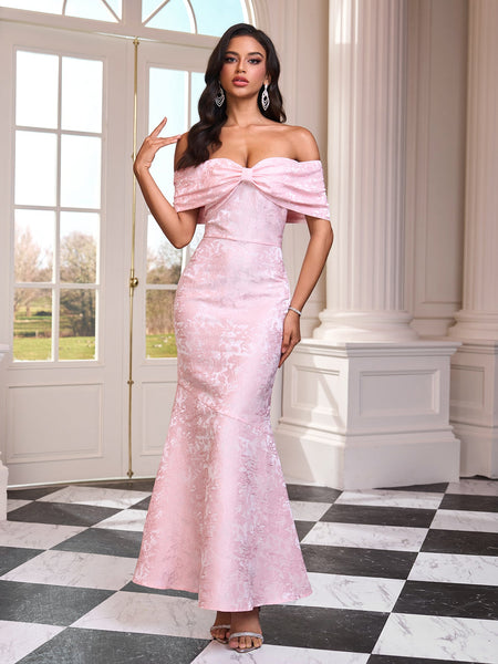 Long Jacquard Off-Shoulder Dress for an Elegant and Sophisticated Look