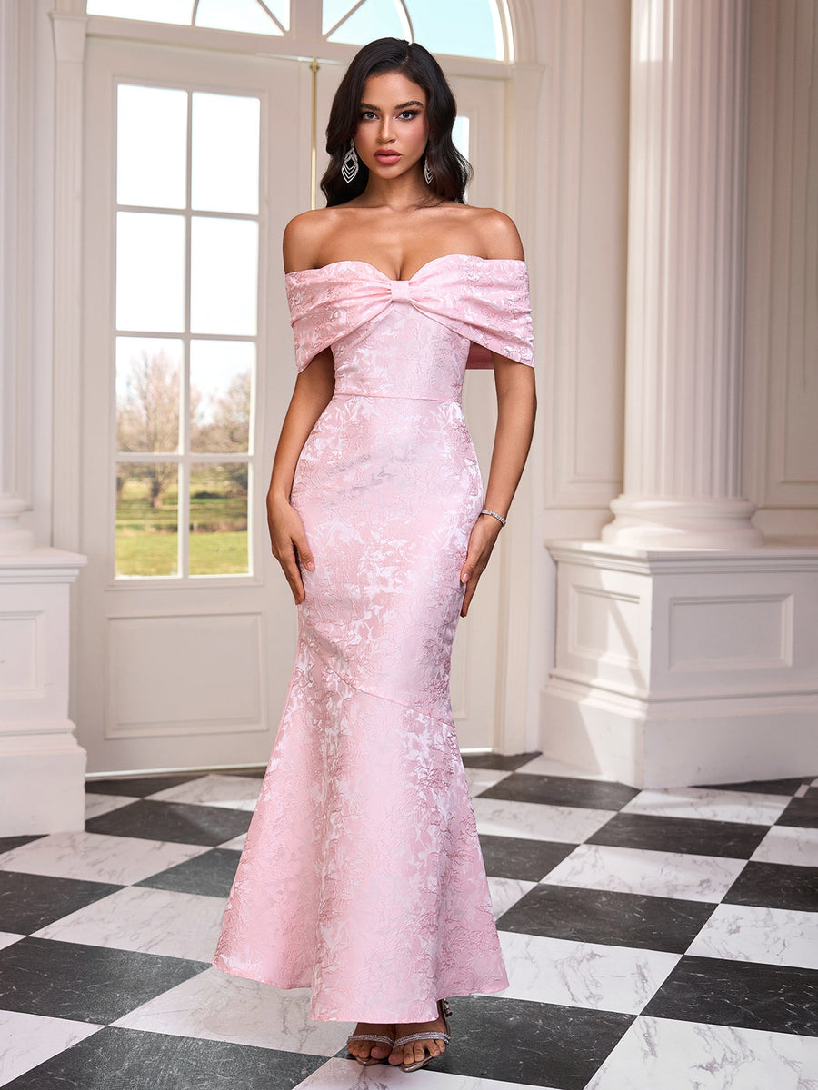 Long Jacquard Off-Shoulder Dress for an Elegant and Sophisticated Look