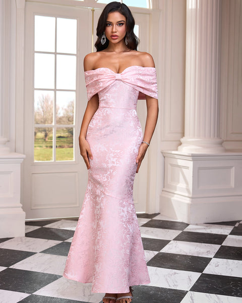 Long Jacquard Off-Shoulder Dress for an Elegant and Sophisticated Look