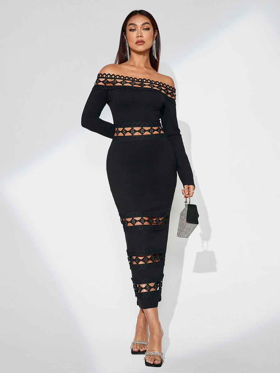 Elegant Slim Fit Dress with Plunging Neckline and Perforated Design