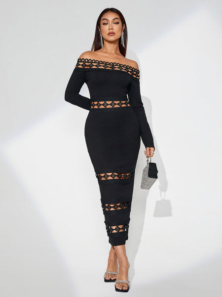 Elegant Slim Fit Dress with Plunging Neckline and Perforated Design
