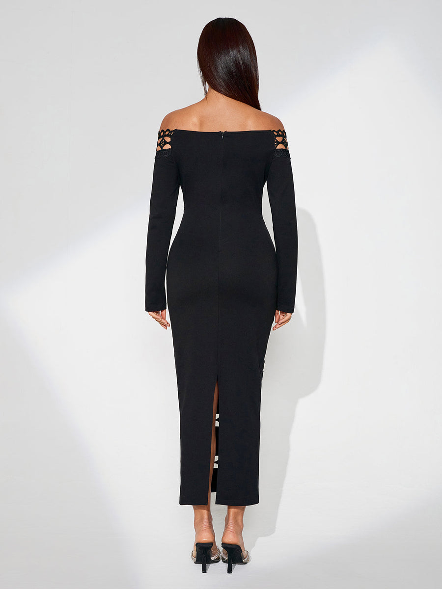 Elegant Slim Fit Dress with Plunging Neckline and Perforated Design