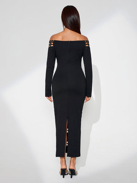 Elegant Slim Fit Dress with Plunging Neckline and Perforated Design