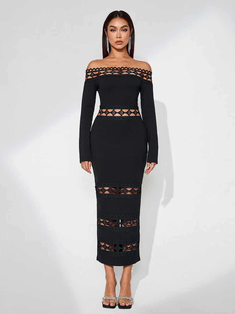 Elegant Slim Fit Dress with Plunging Neckline and Perforated Design