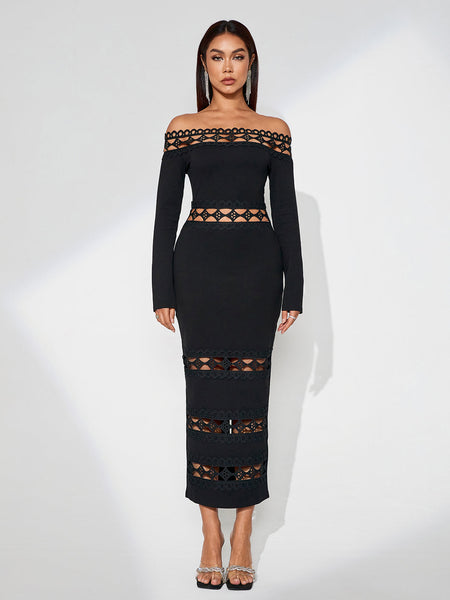 Elegant Slim Fit Dress with Plunging Neckline and Perforated Design