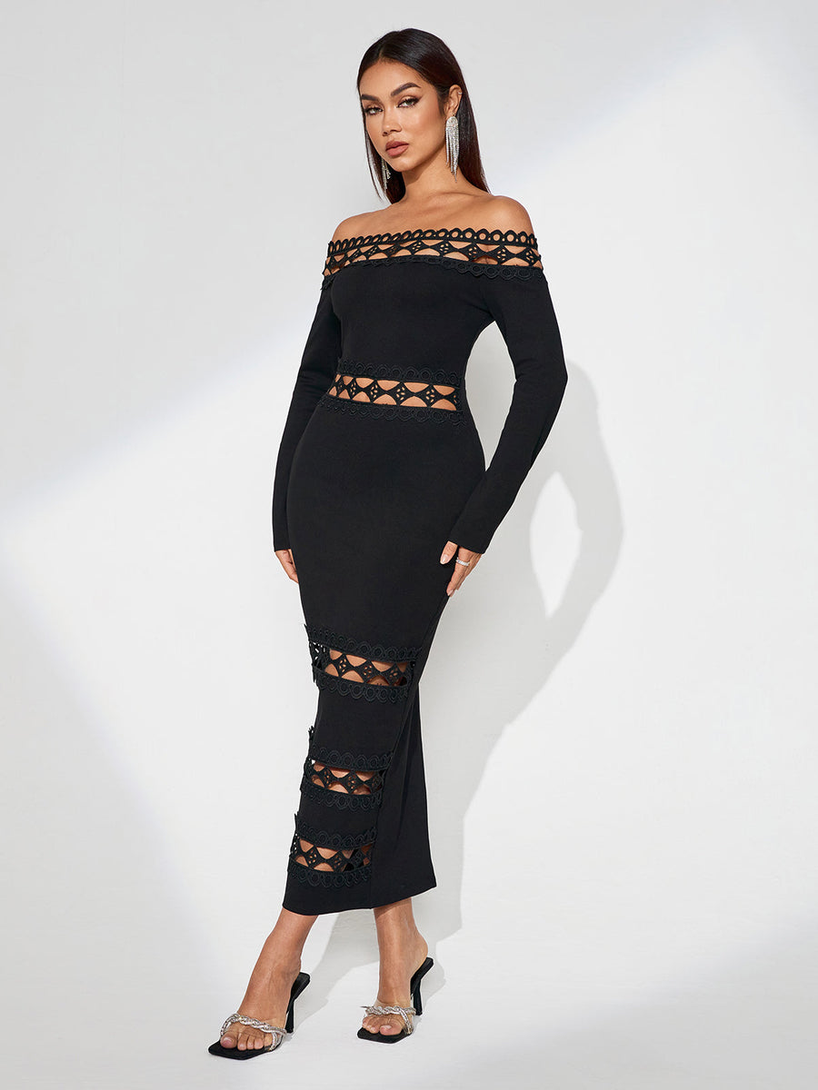 Elegant Slim Fit Dress with Plunging Neckline and Perforated Design