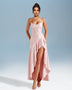 Satin V-neck Dress with Ruffled Hem and High Slit with Lacing