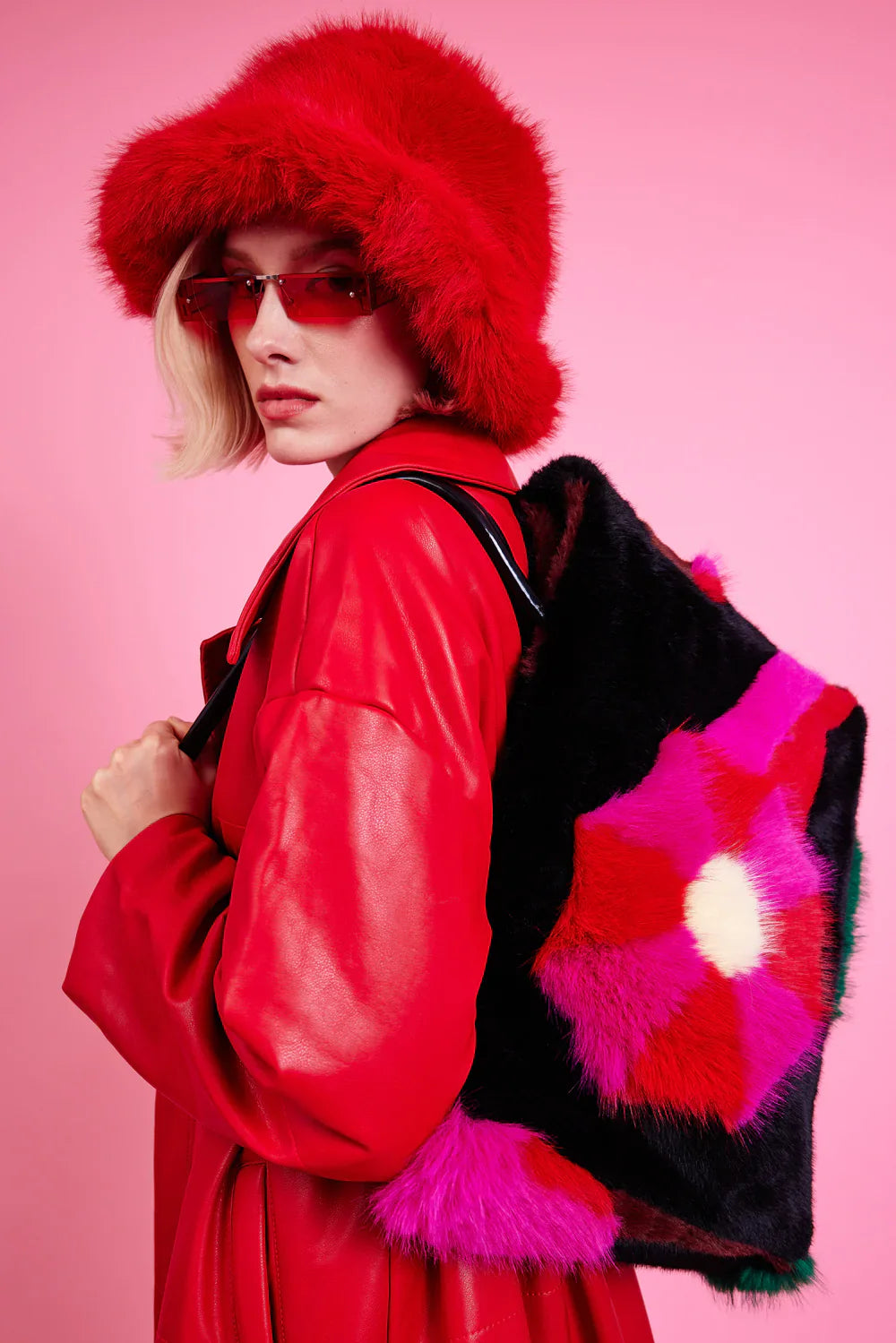 Sol Versailles — Red Eco Bamboo Faux Fur Bucket Hat Red Coat or Jacket, alternate view 3