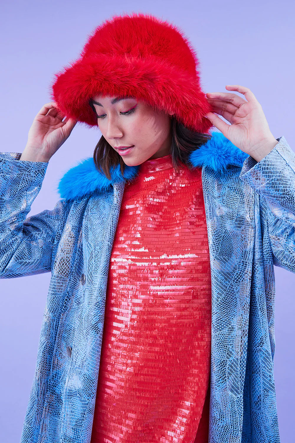 Sol Versailles — Red Eco Bamboo Faux Fur Bucket Hat Red Coat or Jacket, alternate view 4