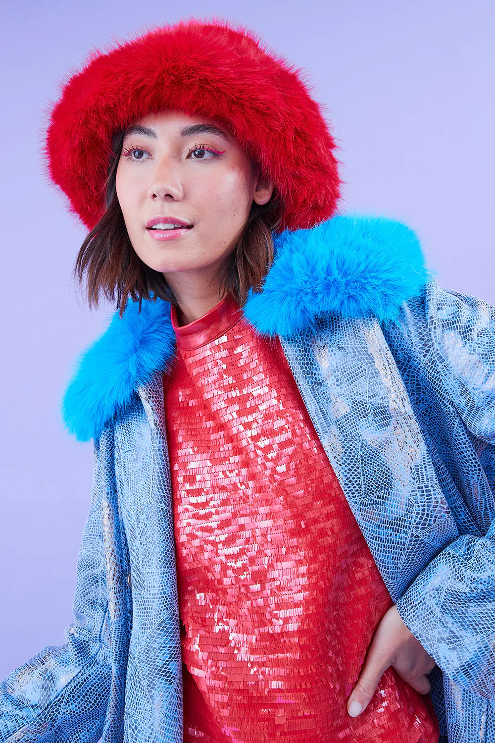 Sol Versailles — Red Eco Bamboo Faux Fur Bucket Hat Red Coat or Jacket, alternate view 5