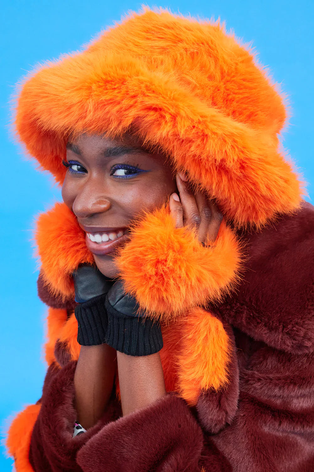 Rain Versailles — Orange Eco Bamboo Faux Fur Bucket Hat Orange Coat or Jacket, alternate view 3