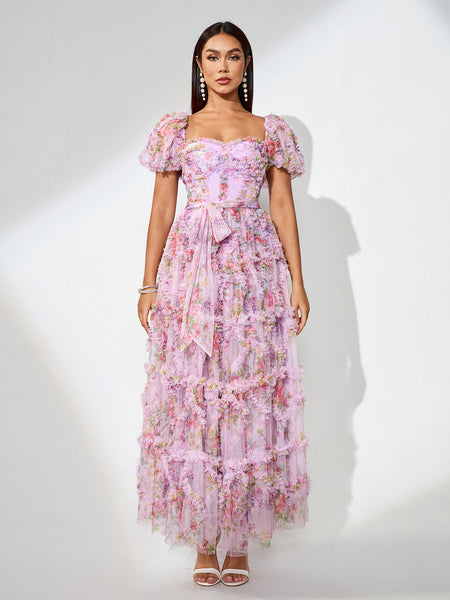 Fantasy Floral Dress with Puffy Sleeves