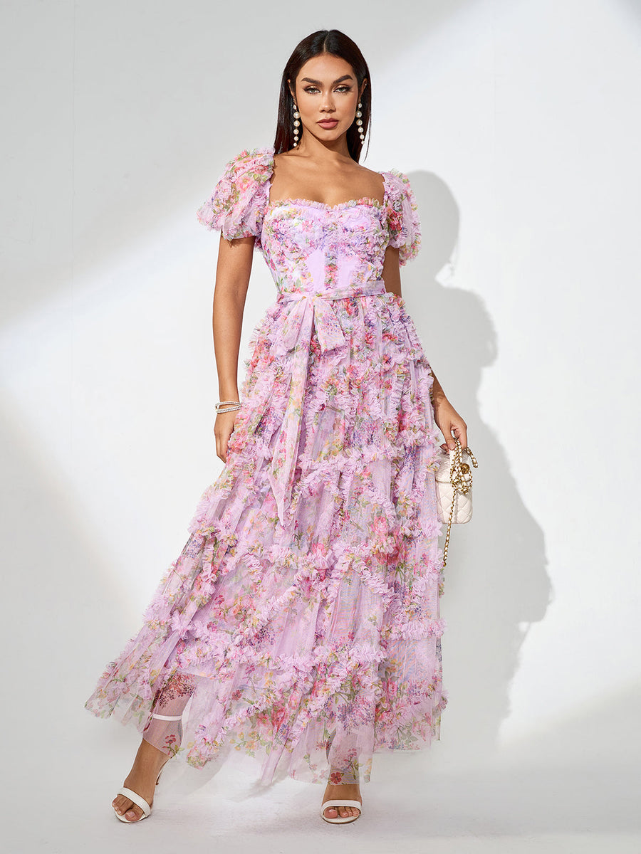 Fantasy Floral Dress with Puffy Sleeves