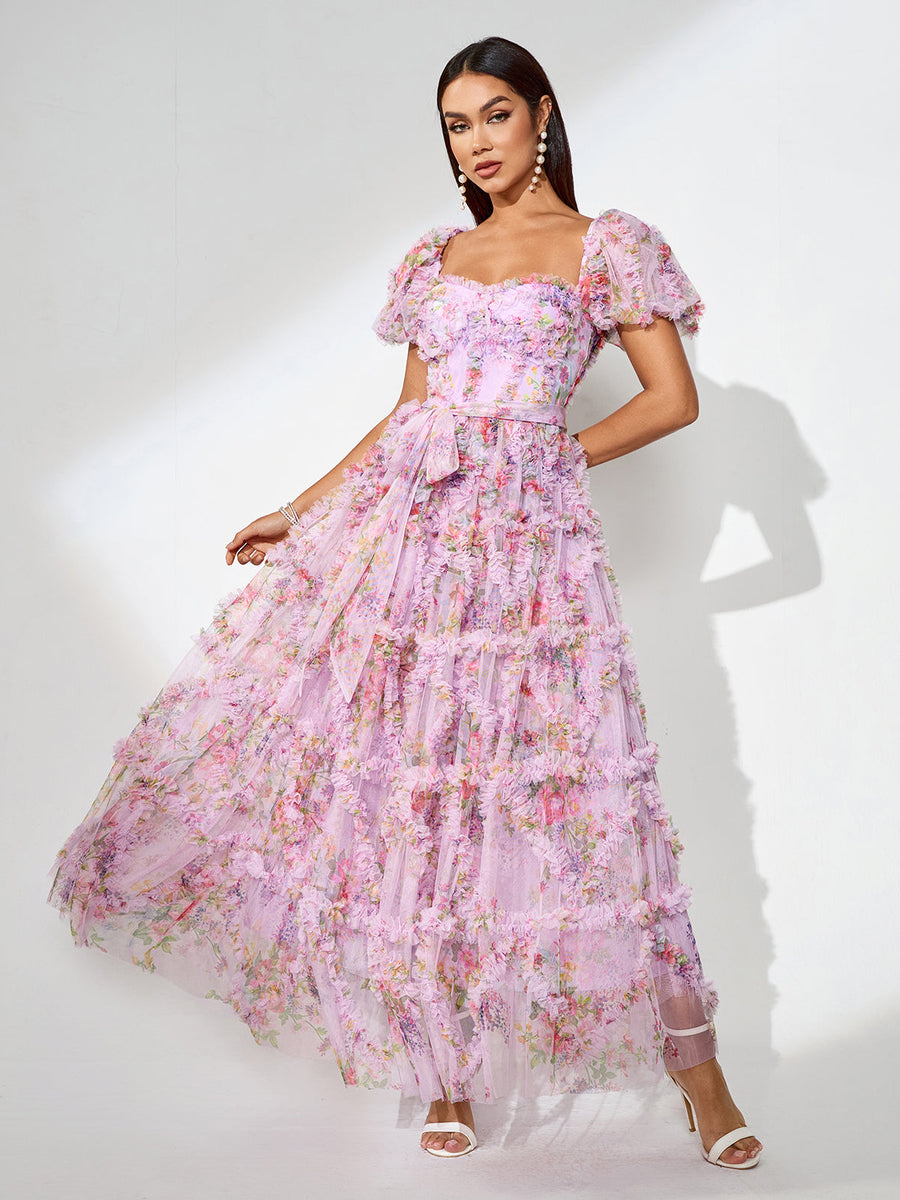 Fantasy Floral Dress with Puffy Sleeves