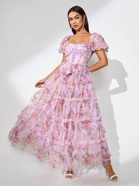 Fantasy Floral Dress with Puffy Sleeves